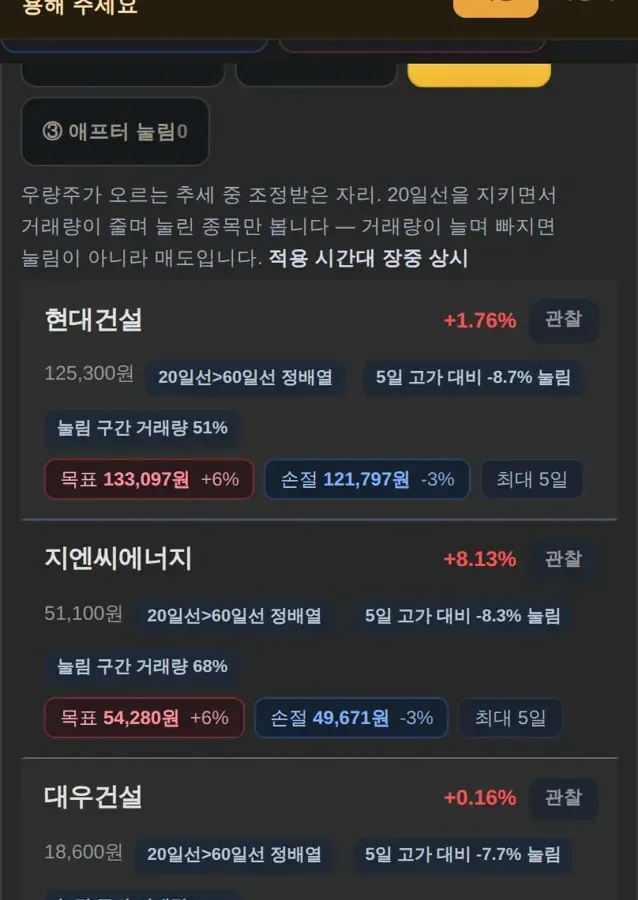 휴대폰 화면에 맞춰 한 열로 정리된 주도주 보드 화면